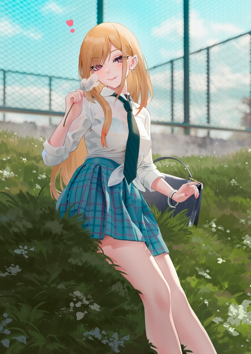Kitagawa Marin in a Plaid Skirt Outdoors