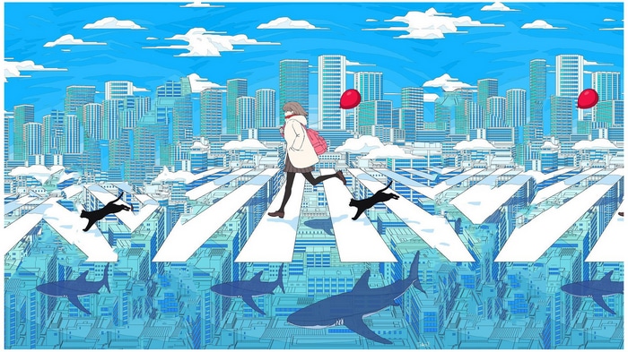 Anime girl with red balloon crosses city street with sharks and cats
