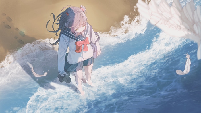Anime girl with pink and purple hair on a beach