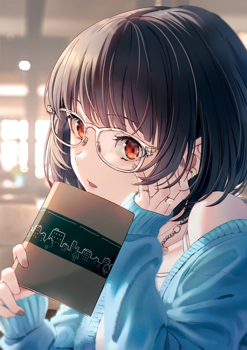 Anime girl with glasses holding a book