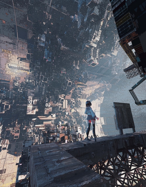Futuristic cityscape with a girl standing on a rooftop