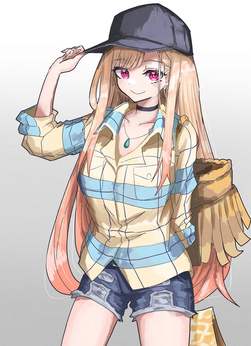 Kitagawa Marin wearing a plaid shirt and shorts