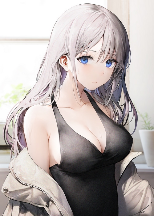 Anime girl with silver hair in a black dress