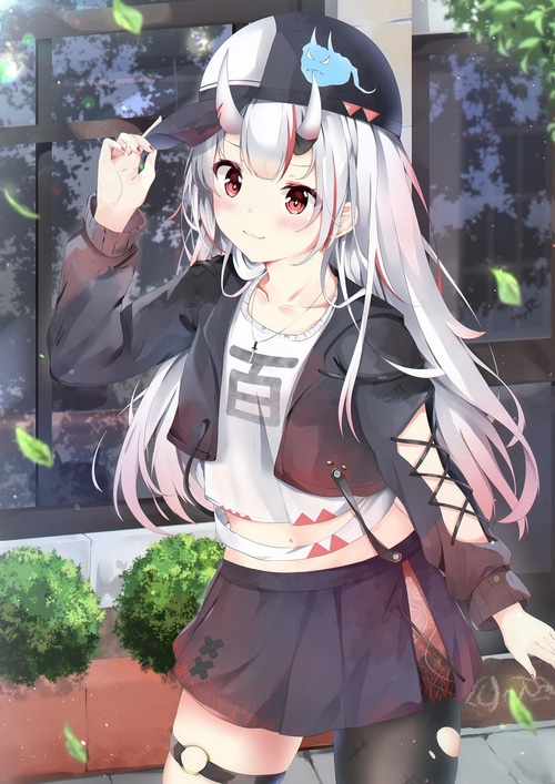 Anime girl with silver hair and horns wearing a hat