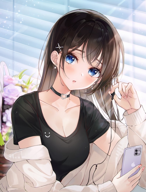 Anime girl with blue eyes holding a phone