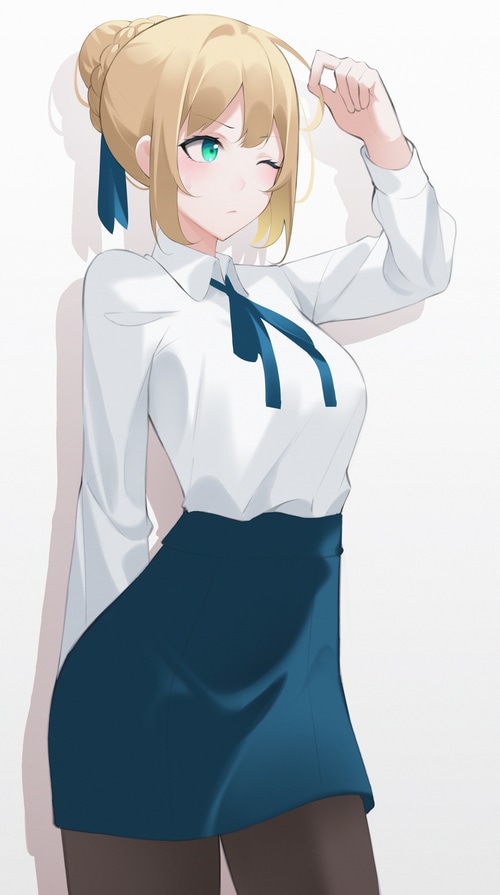 Artoria Pendragon from Fate series in white shirt and blue skirt