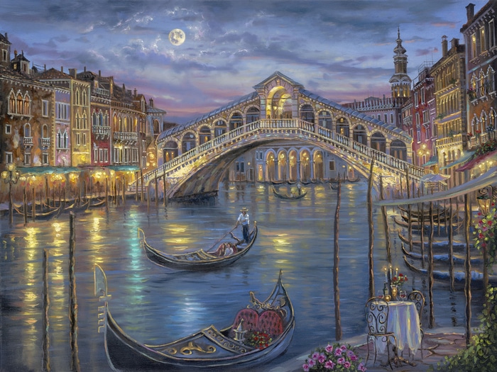 Venice Rialto Bridge at Night with Gondolas