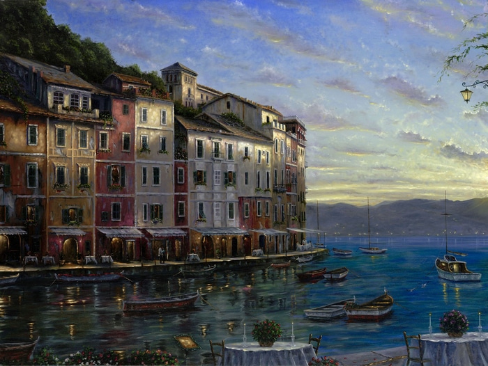 Painting of boats docked by colorful buildings at sunset
