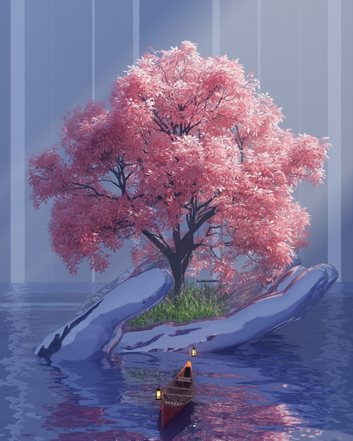 Giant hands holding a tree in water with a boat