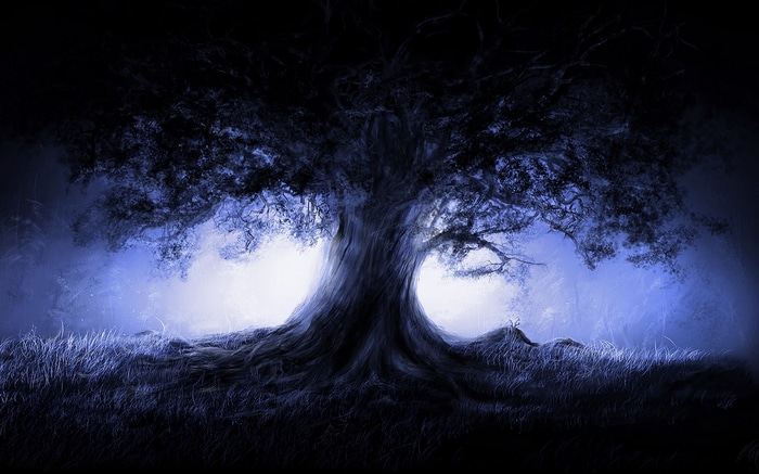A dark, gnarled tree in a misty, moonlit forest