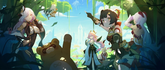 Genshin Impact characters Shenhe, Xiangling, Ganyu, Yae Miko