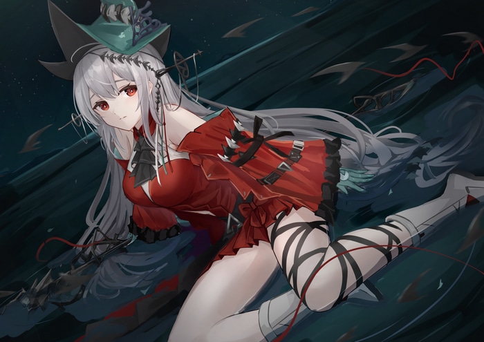Anime girl Skadi in a red dress with white hair