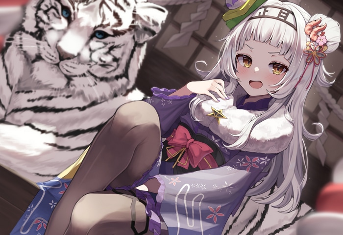 Anime girl in kimono with white tiger