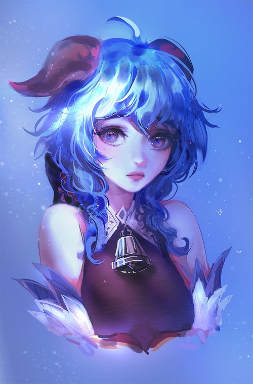 Ganyu from Genshin Impact with blue hair and purple eyes