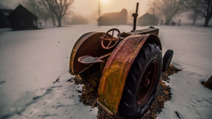 Rusty tractor in the snow on a foggy day