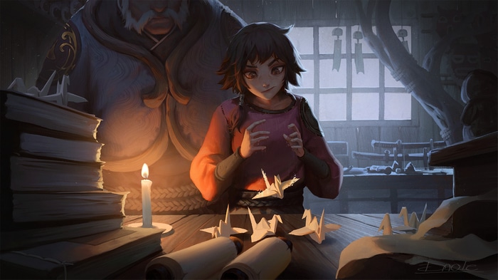 Artwork by Dao Trong Le featuring a girl making origami cranes