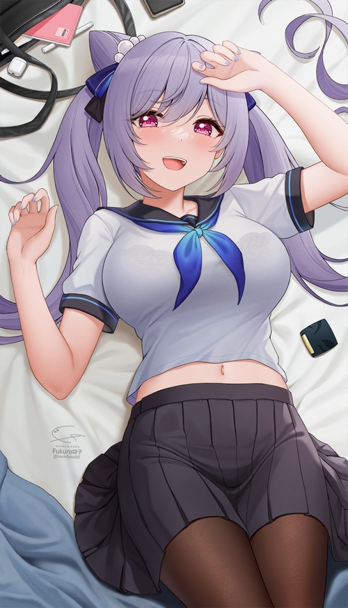 Keqing from Genshin Impact lying on a bed
