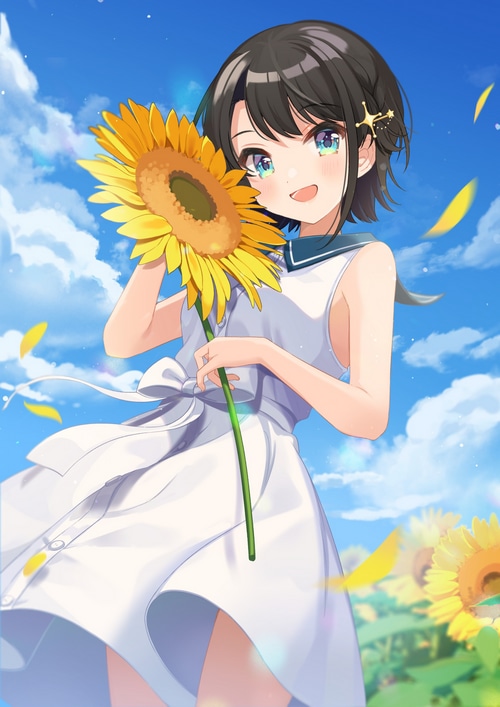 Oozora Subaru holding a sunflower