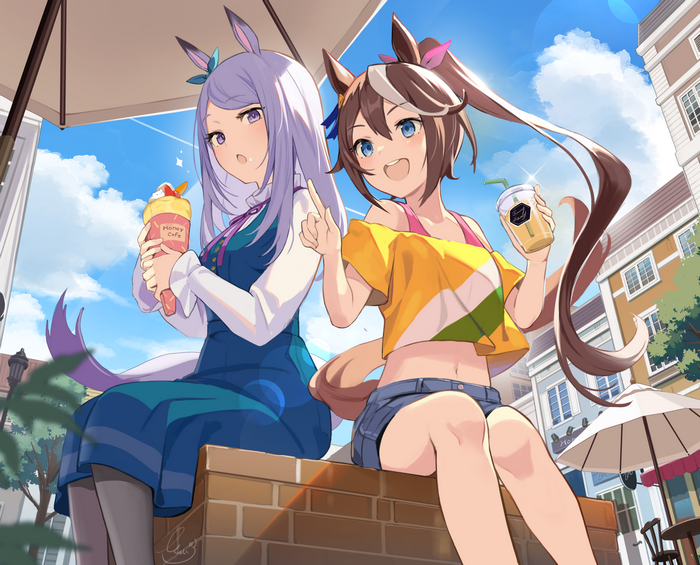 Mejiro McQueen and Tokai Teio enjoying drinks