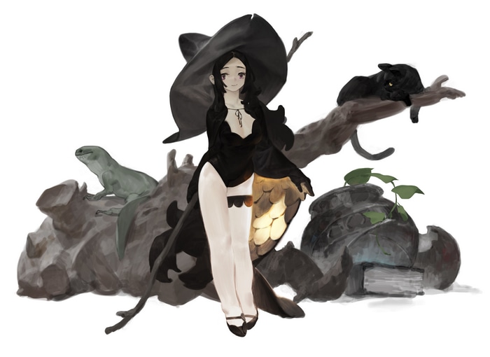 4K Witch with Black Cat and Lizard