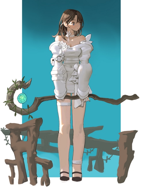 Woman in white dress holding a staff with a gem