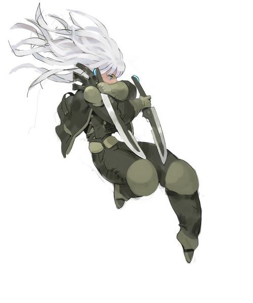 Woman with white hair holding two knives