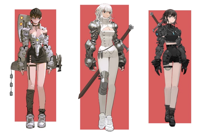 Three female warriors in armor