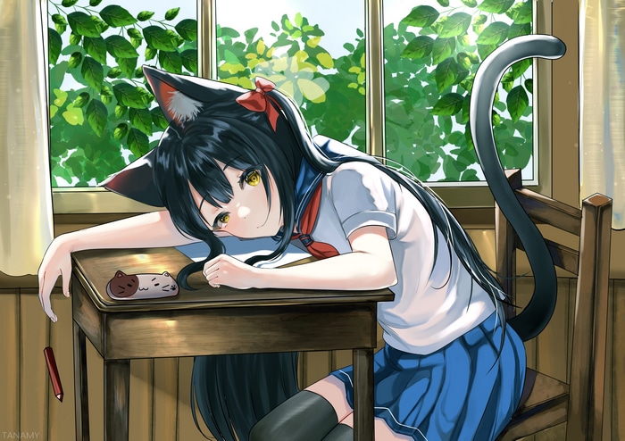 Anime girl with cat ears and tail at a desk