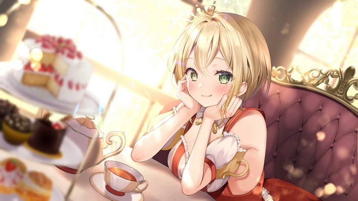 Anime girl with blonde hair and green eyes at a tea party