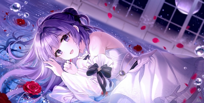 Anime girl with purple hair in a white dress