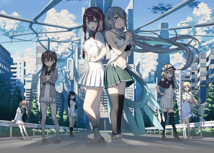 School Uniform Girls in a Futuristic Cityscape