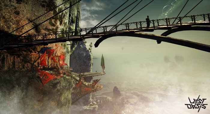 Last Oasis bridge with settlement and person