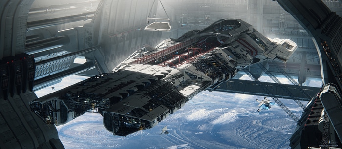 Battlestar Galactica spaceship in space dock