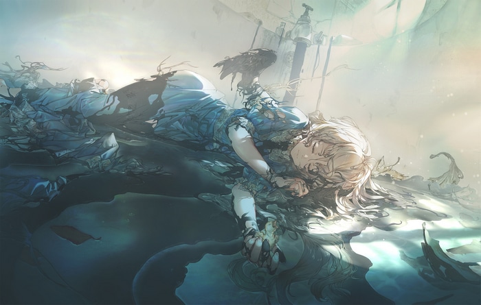 A girl in a blue dress lies in water with a bird