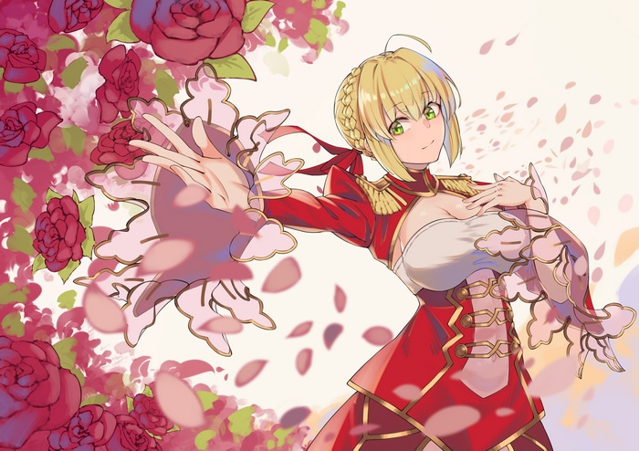 Nero Claudius in a red dress with roses