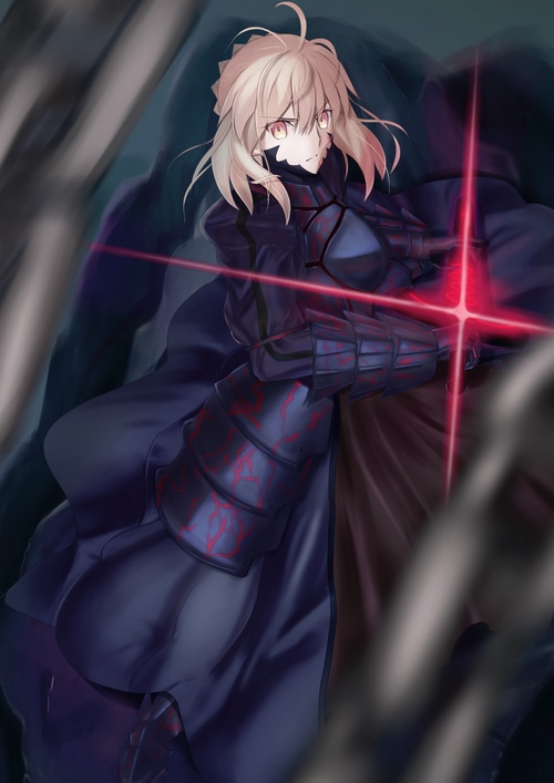 Saber Alter in dark armor with red energy