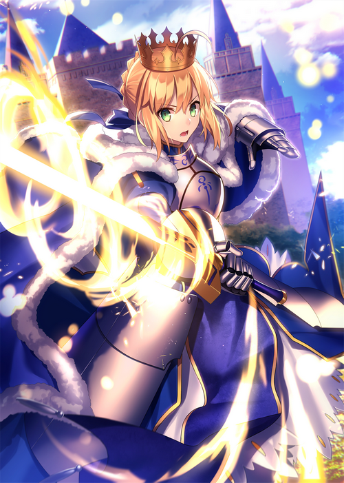 Artoria Pendragon with Excalibur in front of a castle