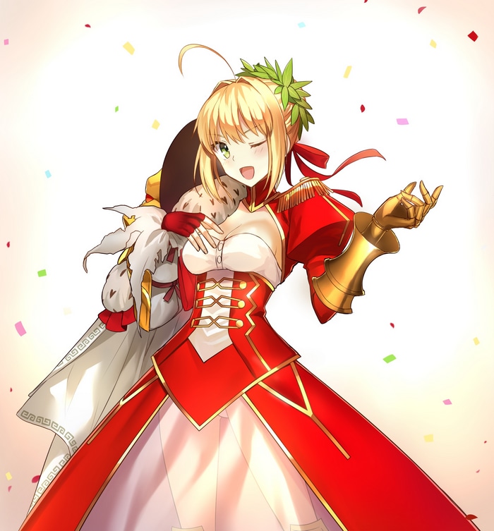 Nero Claudius in a red dress with a fur-lined cape