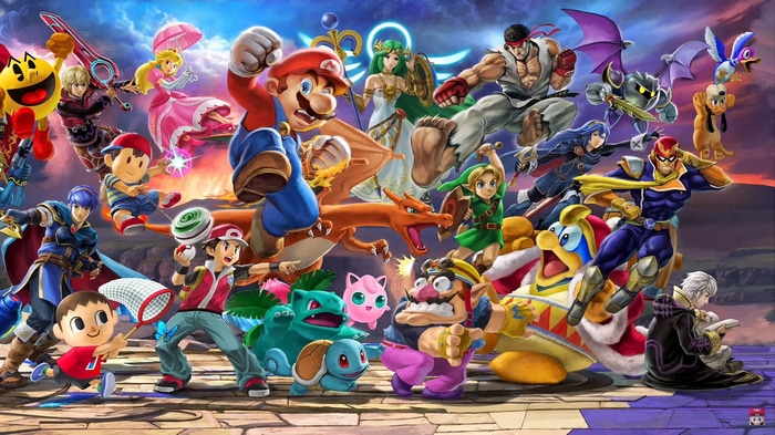 Super Smash Bros. characters including Mario, Pokémon, and Ryu