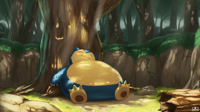 Snorelax sleeping under a tree in a forest