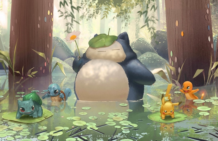 Pokemon Snorlax, Pikachu, Charmander, Bulbasaur, and Squirtle in a pond