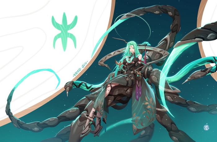 Anime girl with cyan hair on a mechanical scorpion