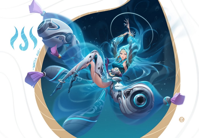 Anime girl with cyan hair and mechanical companions
