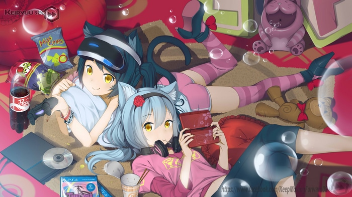 Anime cat girls playing video games with snacks