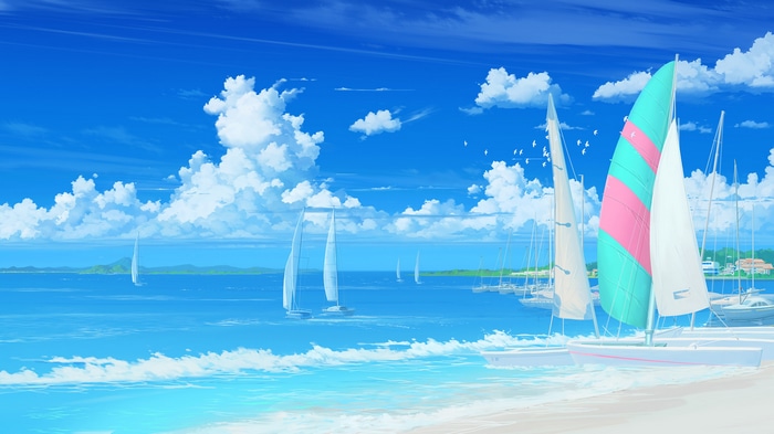 Sailboats on a bright blue day with fluffy clouds