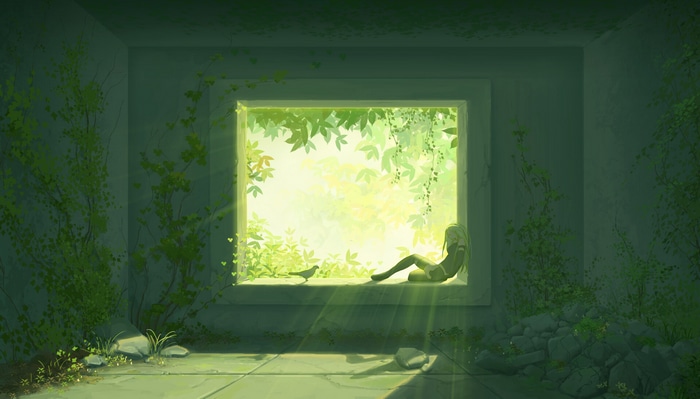 A2 from Nier: Automata sits by a sunlit window with a bird