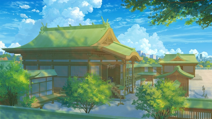 Traditional Japanese Shrine Buildings Under a Blue Sky