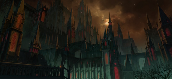 Gothic castle with red windows and birds in the sky