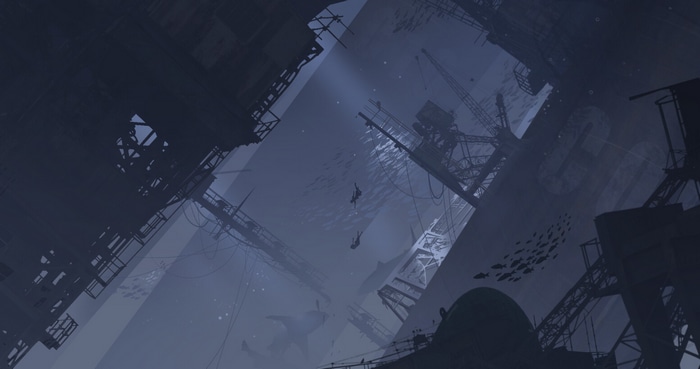 Surreal underwater scene with falling figures and fish