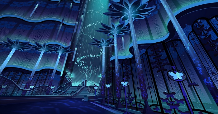 Fantasy maze with glowing lotus flowers and butterflies